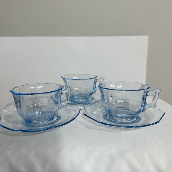 Cambridge Vintage Glass DECAGON Moonlight Blue Cups, Saucers & Plates Set 12 - Picture 5 of 16